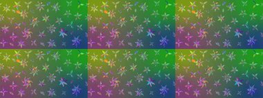 Kumaş, tekstil, duvar kağıdı baskısı için. Renkli desenli eskiz deseni, yeşil ve mavi çiçekler ve dekoratif elementler. Eskiz geçmişi. Raster illüstrasyonu. Antika retro tarzı.