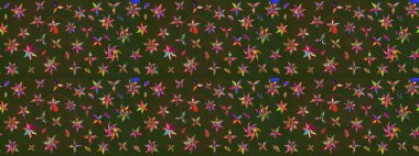 Renkli Bahar Teması eskiz kalıbı. Çiçeksel fantezi tasarımı ve parlak bir arka plan çizimi. Düz Çiçek Elementleri Tasarımı.