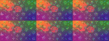 Raster illüstrasyonu. Eskiz geçmişi. Eski usul. Kumaş, tekstil, duvar kağıdı baskısı için. Renkli desenli eskiz deseni, mor ve yeşil çiçekler ve dekoratif elementlerle.