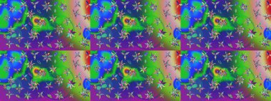 Tekstil, kumaş, ambalaj, hatıra defteri için hoş bir çiçek arkaplanı. Yeşil ve mavi arka planda. Çocuksu tasarım. Elle çizilmiş karalama çiçekleri ile Raster çizim deseni.