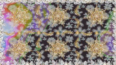 Raster altın desen. Altın elementli gri renkler. Kusursuz altın desenli bukleler. Raster illüstrasyonu. Doğu tarzı arabesk.