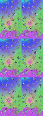 Mor ve yeşil renkte çiçek çizimi. Şatafatlı bahar bahçesi dokusu. Raster illüstrasyonu. Mor ve yeşil renkte çiçekler. Çiçek deseni.