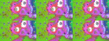 Çiçekli karalama şeklinde Raster çiçek deseni. Yeşil ve mor renkli çiçekler. Nazik, narin çiçek arkaplanı.