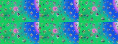 1950-1960 motifleri. Yeşil ve mavi, yeşil ve maviye. Çiçekli ipek eşarp. El çizimi çiçek unsurları olan soyut çizim raster deseni. Retro tekstil tasarım koleksiyonu.