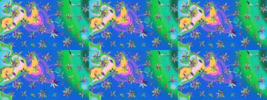 Raster deseni. Yumuşak, bahar çiçekleri mavi ve yeşil renklerde. Patlayan çiçekler soyut olarak yerleştirilmiş. Raster illüstrasyonu.