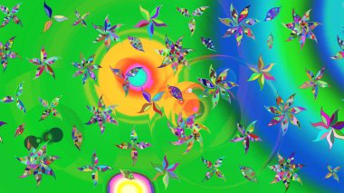 Raster Çiçek İllüstrasyonu güzel tekstil. Yeşil ve mavi renkli etnik çiçeklerle zarif bir eskiz deseni.