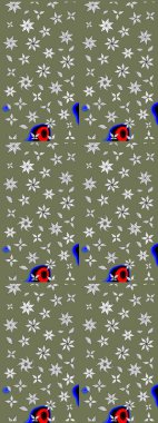 Çiçekli karalama şeklinde Raster çiçek deseni. Raster illüstrasyonu. Yeşil ve beyaz renklerde bahar çiçekleri..