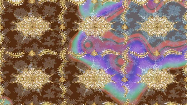 Geleneksel oryantasyon süsü. Kahverengi renkli ve altın elementli eskiz deseni. Klasik klasik klasik arka plan. Klasik Raster altın desenini çiz.