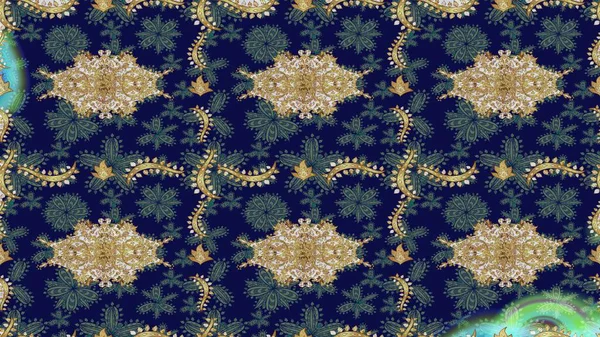 Düz elle çizilmiş klasik koleksiyon. Arkaplan, kumaş, altın duvar kağıdı. Raster Golden eskiz kalıbı. Altın elementlerle mavi renklerde altın desen.