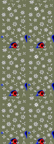 Çiçekli karalama şeklinde Raster çiçek deseni. Raster illüstrasyonu. Yeşil ve beyaz renklerde bahar çiçekleri..