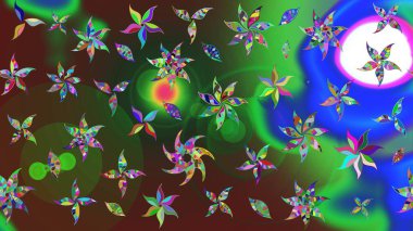 Düz Çiçek Elementleri Tasarımı. Sevimli çiçek raster deseni. Yeşil ve mavi renkte çiçekler. Renk Bahar Teması eskiz şablonu.