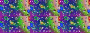 Mavi ve yeşil renkli şirin çiçek desenleri. Raster Modaya uygun kumaş deseni. Renkli Bahar Teması eskiz kalıbı. Düz Çiçek Elementleri Tasarımı.