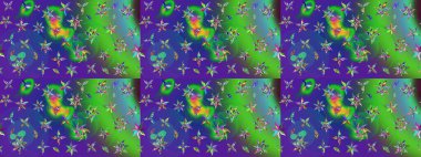 Raster illüstrasyonundaki çiçek desenli çizim. Yeşil ve mavi renkte çiçekler. Renkli Yaz Temalı eskiz kalıbı. Düz Çiçek Elementleri Tasarımı.