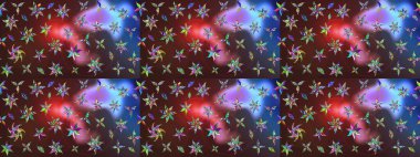 Nakış desenli çiçek deseni. Renkli grunge, soyut arkaplanı kolonya ve mor çiçeklerle süslüyor. İzler, kumaş, duvar kağıtları, tekstil için raster dokusu.