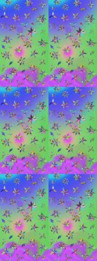 Çiçekli karalama şeklinde Raster çiçek deseni. Mor ve yeşil renkte çiçekler. Nazik, sevimli çiçek arkaplanı..