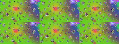 Klasik çiçek tasarımı elementleri. Yeşil ve mor kıvırcık çiçekler yeşil ve mor renklerde şekillenir. Raster illüstrasyonu.