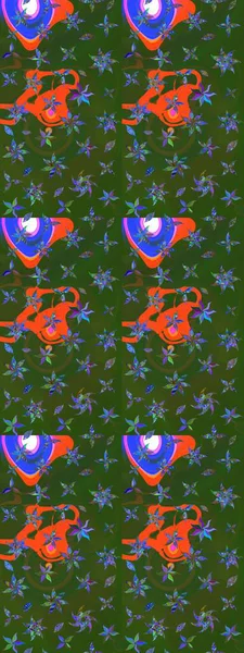 Raster illüstrasyonundaki çiçek desenli çizim. Yeşil ve mavi renkte çiçekler. Renkli Yaz Temalı eskiz kalıbı. Düz Çiçek Elementleri Tasarımı.