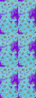 Raster illüstrasyonu. Mavi ve mor renkli çiçekler. Çiçek süslemeli çizim deseni.