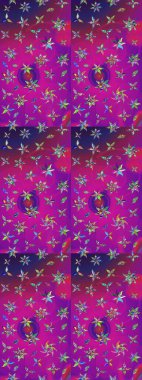 Mor ve morumsu renklerde çok renkli ve eflatun renkli küçük çiçekler ve komik böcekler, raster deseni, illüstrasyon.