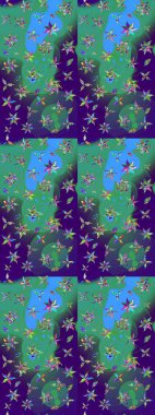 Mavi ve yeşil renklerde güzel bir tekstil. Suluboya çiçekli çiçek deseni. Raster illüstrasyonu.