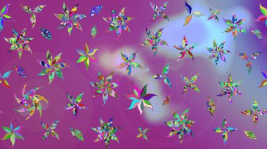 Moda baskıları için zarif bir şablon. Modern çiçek arkaplanı. Parlak renkli çiçekli ve mor ve mavi renkli yapraklı harika bir çiçek deseni. Halk stili.