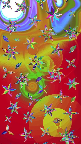 Düz Çiçek Elementleri Tasarım Raster illüstrasyonu. Çiçekler kırmızı ve yeşil renklerde. Renkli Bahar Teması eskiz kalıbı. Çiçek eskiz kalıbı geçmişi.