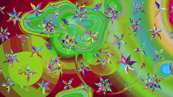 Yeşil ve kırmızı renkte çiçekler. Renkli bahar temalı eskiz kalıbı. Düz Çiçek Elementleri Tasarım Raster illüstrasyonu. Çiçekli çiçek deseni, suluboya..