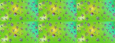 Yeşil ve sarı renkli şirin çiçek desenleri. Raster Modaya uygun kumaş deseni. Renkli Bahar Teması eskiz kalıbı. Düz Çiçek Elementleri Tasarımı.