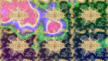 Altın çiçekli yeşil renklerde altın eskiz deseni. Raster geometrik arka plan. Altın renkli çizim çizimi. Senin tasarımın için, duvar kağıdı..