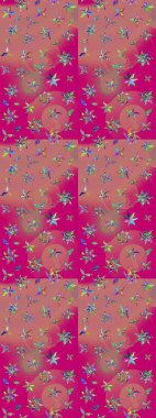 Pembe ve morumsu renklerde etnik çiçeklerle süslenmiş zarif bir eskiz şekli. Raster Çiçek İllüstrasyon Şirin Tekstil.