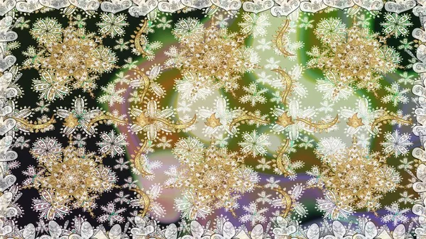 Dekoratif simetri arabesk. Doğum günü kartı, davetiye ya da afiş için iyidir. Tarafsız ve gri renklere altın. Kusursuz ortaçağ çiçek deseni. Raster illüstrasyonu.