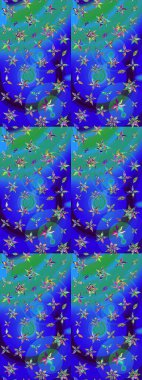 Raster deseni. Yumuşak, bahar çiçekleri mavi ve yeşil renklerde. Raster illüstrasyonu. Patlayan çiçekler soyut yerleştirilmiş.