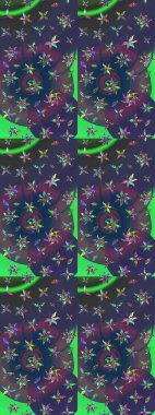 Parlak renkli çiçekleri ve mor ve yeşil renkli yaprakları olan harika bir çiçek deseni. Modern çiçek arkaplanı. Moda baskıları için zarif bir şablon. Halk stili.