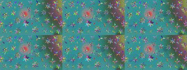 Raster illüstrasyonundaki çiçek desenli çizim. Düz Çiçek Elementleri Tasarımı. Süslü kumaş deseni. Renkli Bahar Teması çizim şablonu.