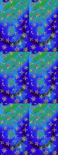 Raster deseni. Yumuşak, bahar çiçekleri mavi ve yeşil renklerde. Raster illüstrasyonu. Patlayan çiçekler soyut yerleştirilmiş.