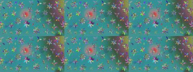 Raster illüstrasyonundaki çiçek desenli çizim. Düz Çiçek Elementleri Tasarımı. Süslü kumaş deseni. Renkli Bahar Teması çizim şablonu.