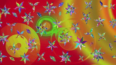 Patlayan çiçekler soyut olarak yerleştirilmiş. Raster illüstrasyonu. Kibar, bahar çiçekleri kırmızı ve sarı renklerde. Raster deseni.