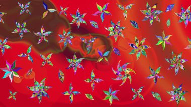 Çiçekli karalama şeklinde Raster çiçek deseni. Kırmızı ve kahverengi renkte çiçekler. Yumuşak, bahar çiçekli arka plan.