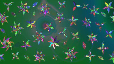 Eskiz arkaplan modeli. Yapraklı çiçekler ve yeşil ve mavi renkli papatya çiçekleri. Raster - stok.