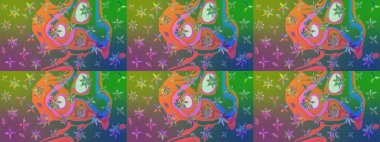 Soyut etnik raster çizim kalıbı. Vadinin yeşil ve mavi renkli çiçekleri. Çiçekler..