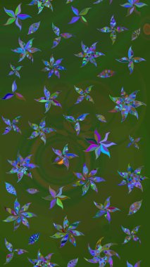 Raster illüstrasyonundaki çiçek desenli çizim. Suluboya tarzında yeşil ve mavi renkte çiçekler.