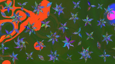 Sevimli çiçek raster deseni. Yeşil ve turuncu renkli çiçekler. Sketch Colour Spring Theme eskiz kalıbı. Düz Çiçek Elementleri Tasarımı.