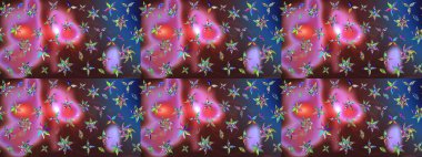 Küçük çiçekteki sevimli çiçek deseni. Raster illüstrasyonu. Raster deseni. Yumuşak, yaz çiçekleri kahverengi ve mavi renklerde.