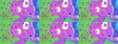 Raster illüstrasyonundaki çiçek desenli çizim. Mor ve yeşil renkte çiçekler. Renkli Bahar Teması eskiz kalıbı. Düz Çiçek Elementleri Tasarımı.
