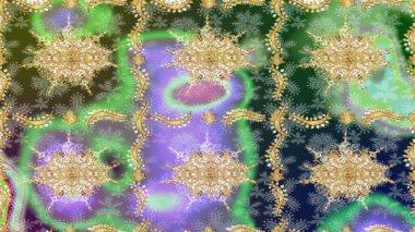 Barok tarzında eskiz oryantal süsü. Raster geleneksel altın çizim deseni yeşil renkler üzerine.