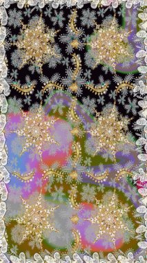 Floral tiles. Islamic design. Raster golden textile print. Seamless pattern oriental ornament. Golden pattern on gray colors with golden elements.