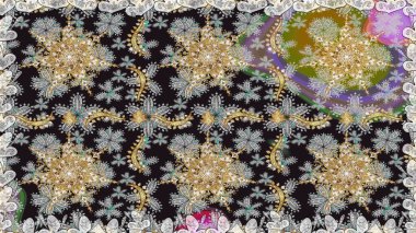 Altın rengi, kusursuz çizim. Senin tasarımın için, duvar kağıdı. Gri renklerde, altın çiçekli altın desenler. Raster geometrik arkaplanı.