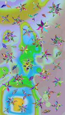 Raster deseni. Tarafsız ve mavi renklerde bahar çiçekleri. Patlayan çiçekler soyut olarak yerleştirilmiş. Raster illüstrasyonu.