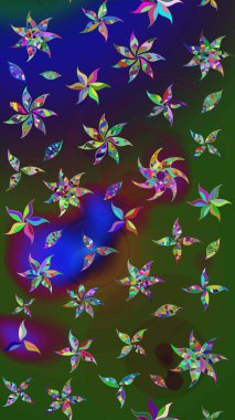 Yeşil ve mavi renkte çiçekler. Hediye ambalaj kağıdı, tebrik kartları, posterler ve pankart tasarımı. Raster düz çiçek çizim deseni.