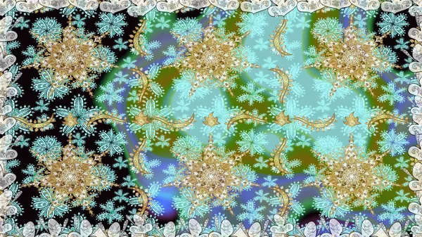 Raster. Hassas altın deseni açın. Doğu tarzı arabesk. Kusursuz altın desenli bukleler. Parlak dantel, stilize çiçekler, şal desenli. Tarafsız renklerde altın elementlerle kusursuz desen.